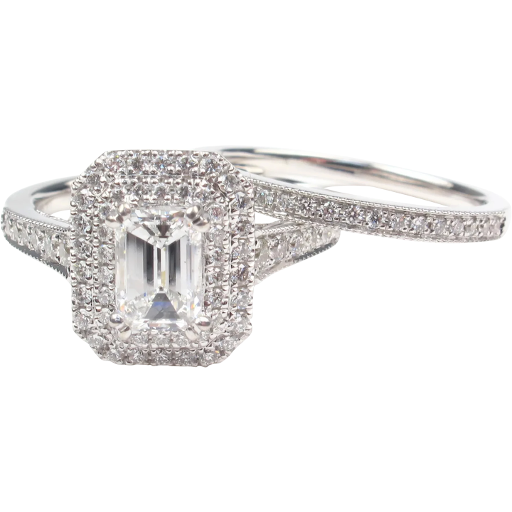 GIA Certified .95 carat 1.71 ctw Emerald Diamond Engagement Wedding Set 14k White Gold