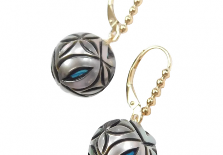 Galatea Pearl and Man Made Turquoise Floral Carved Orb Drop Earrings 14k Gold Lever Backs