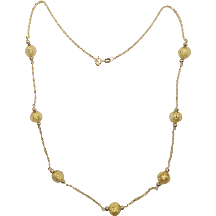 Gold Foil Glass Beaded Station Necklace Sparkling Singapore Link Chain Necklace 14k Yellow Gold 18 1/2″