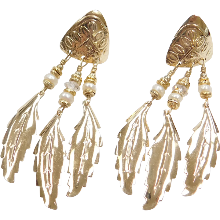 Gold Tone Costume Feather Dangle Earrings