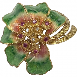 Gorgeous Enamel Floral Brooch/Pendant by Tolrio 18K Gold Diamond & Ruby .65 Carat tgw