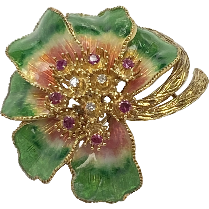 Gorgeous Enamel Floral Brooch Pendant by Tolrio