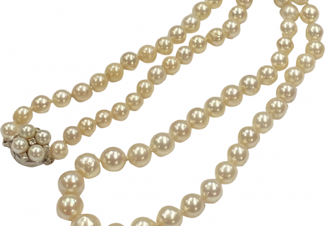 Graduated Cultured Pearl Strand Necklace 10 to 6.5mm 14K White Gold Diamond & Pearl Clasp