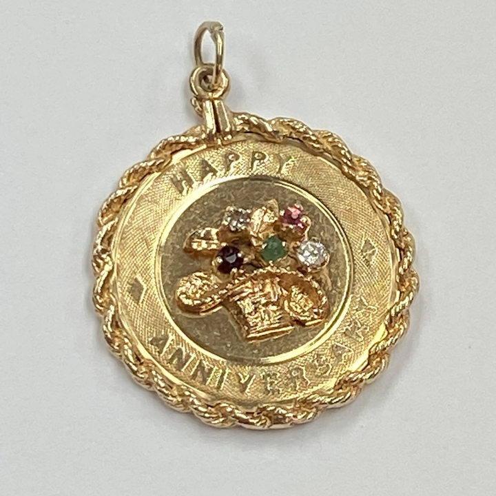 Happy Anniversary Jeweled Vintage Charm 14K Gold