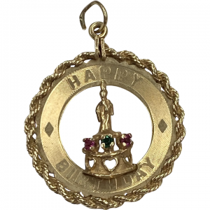 Happy Birthday Jeweled Vintage Charm 14K Gold