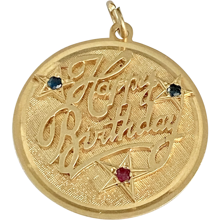 Happy Birthday Jeweled Vintage Charm 14K Gold, Ruby & Sapphire