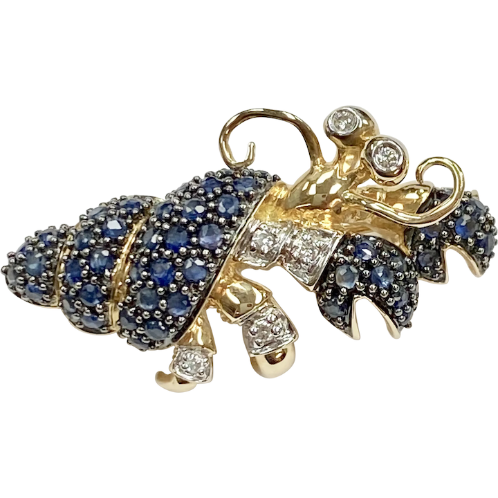 Hermit Crab Jeweled Pendant/Brooch 14K Gold Sapphire & Diamond