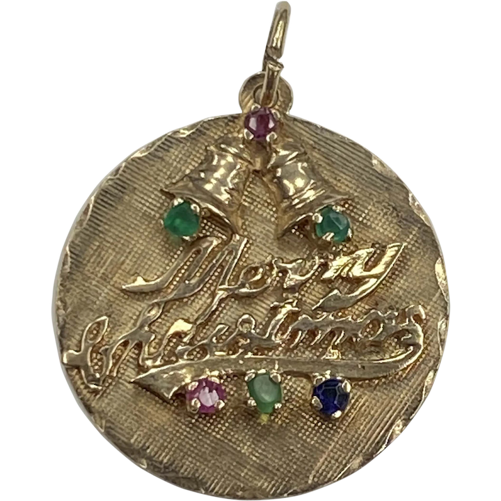 Holiday Merry Christmas Vintage Jeweled Charm 14K Gold