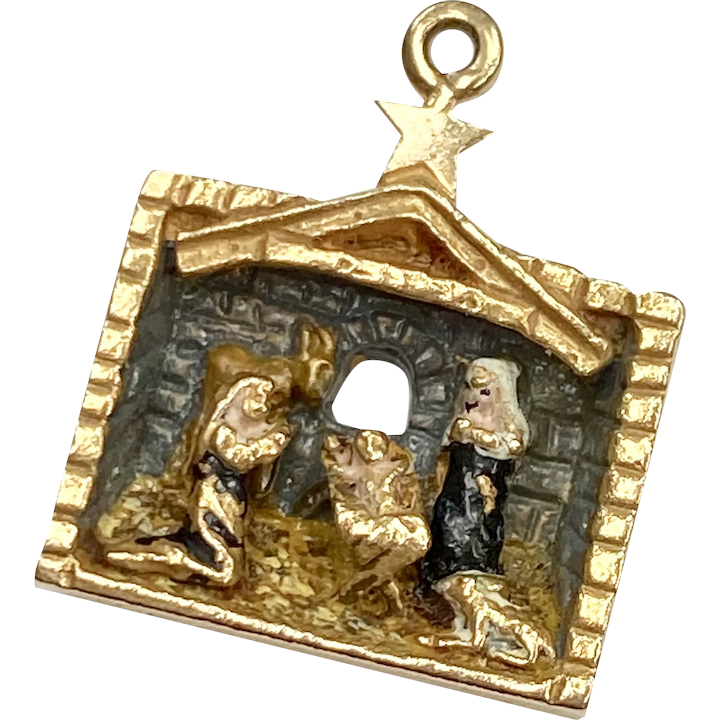 Holy Birth Manger Scene Vintage Enameled Charm 14K Gold Three-Dimensional