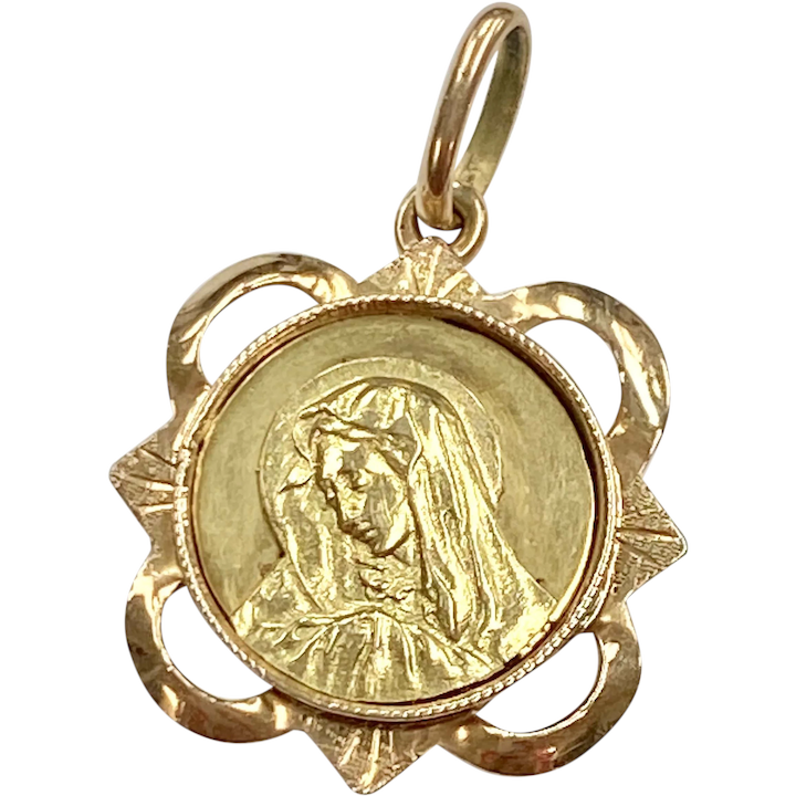 Holy Mother Virgin Mary Vintage Charm 18K Rose & Yellow Gold