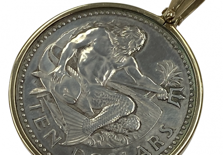 Huge King Neptune Silver Coin in 14K Gold Custom Frame Pendant