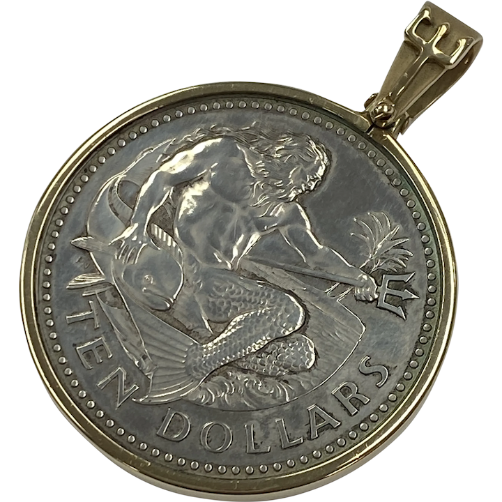 Huge King Neptune Silver Coin in 14K Gold Custom Frame Pendant, Nautical, Signed