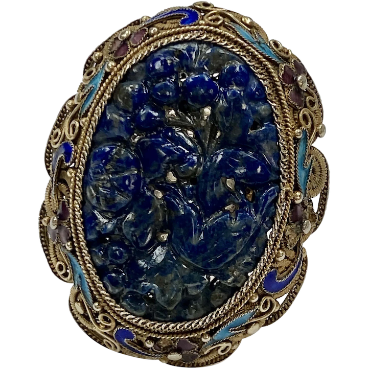Huge Vintage Ring 14k Yellow Gold & Sterling Silver, Lapis Lazuli, Enamel, Filigree