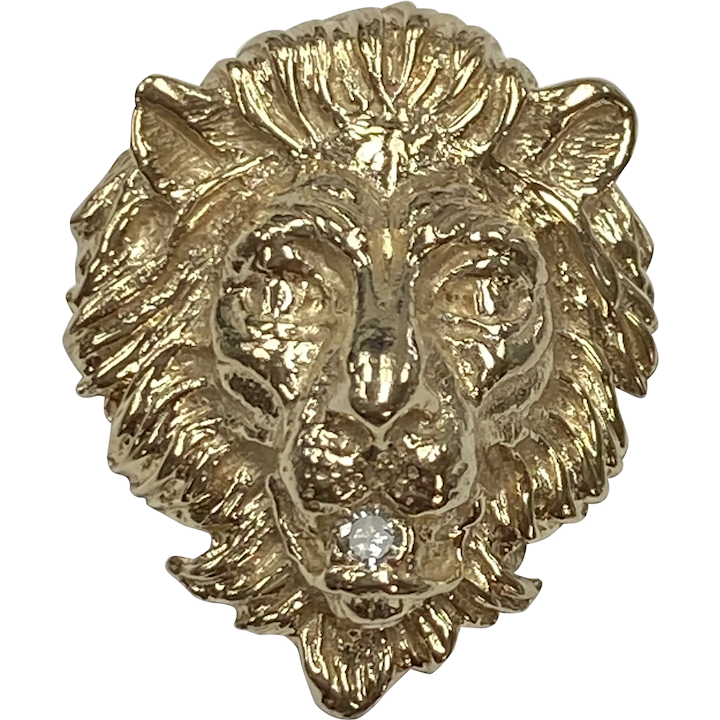 Impressive LION Head Pendant 14K Gold Diamond Accent .06 Carat