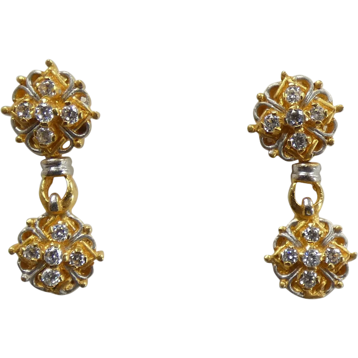Intricate 1.26ctw Faux Diamond Two-Tone Screw Back Dangle Earrings 22k Yellow Gold
