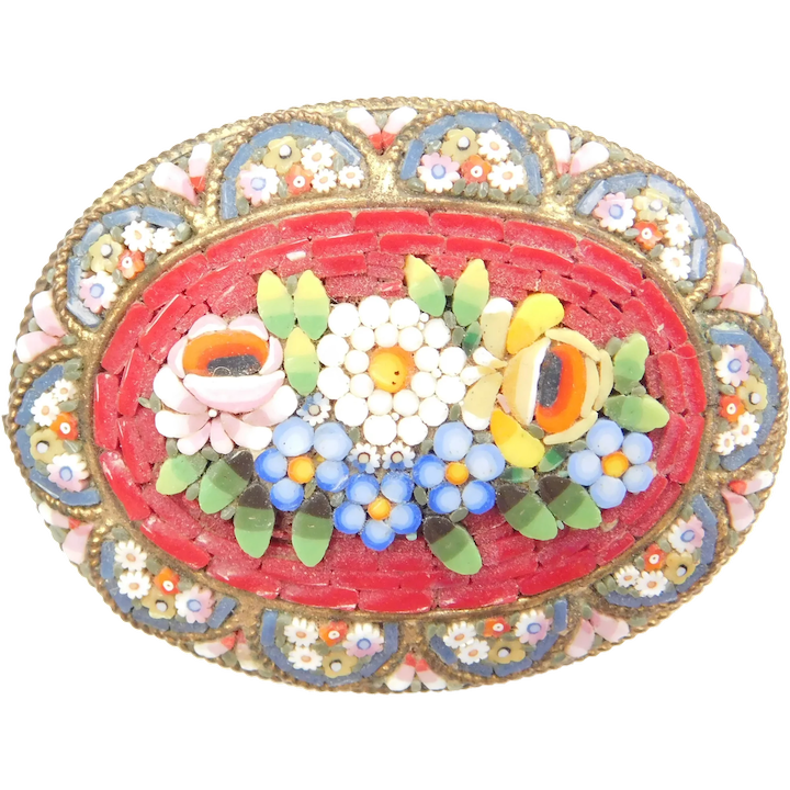 Italian Colorful Floral Mosaic Pin / Brooch