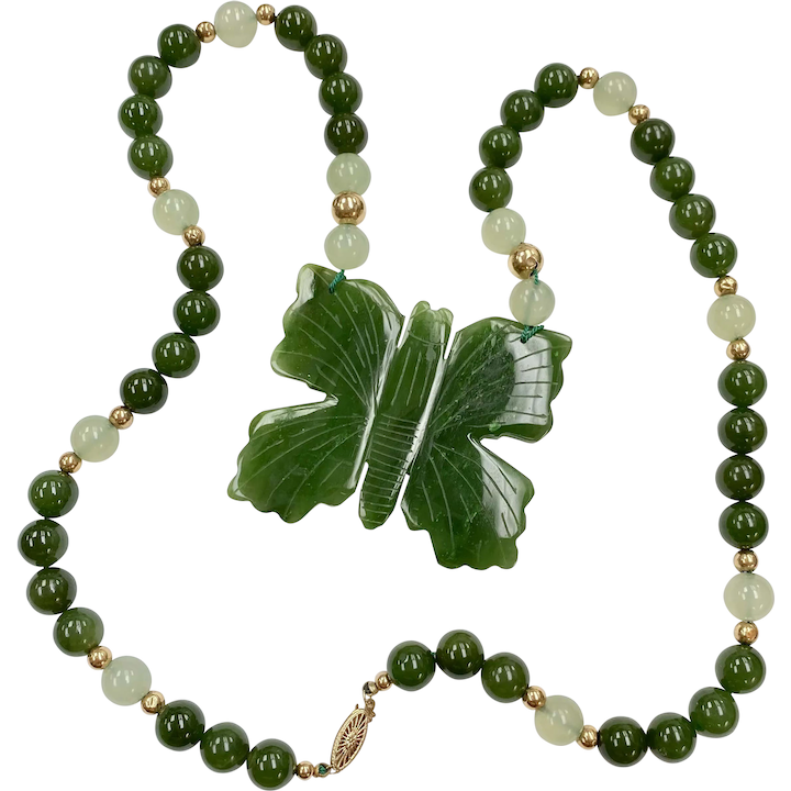 Jade Butterfly Vintage Necklace 14K Gold, 10mm Beads 26″ length