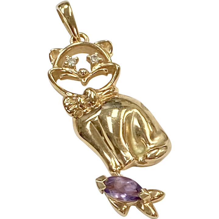 Jeweled Cat & Fish Vintage Pendant 14K Gold Diamond & Amethyst