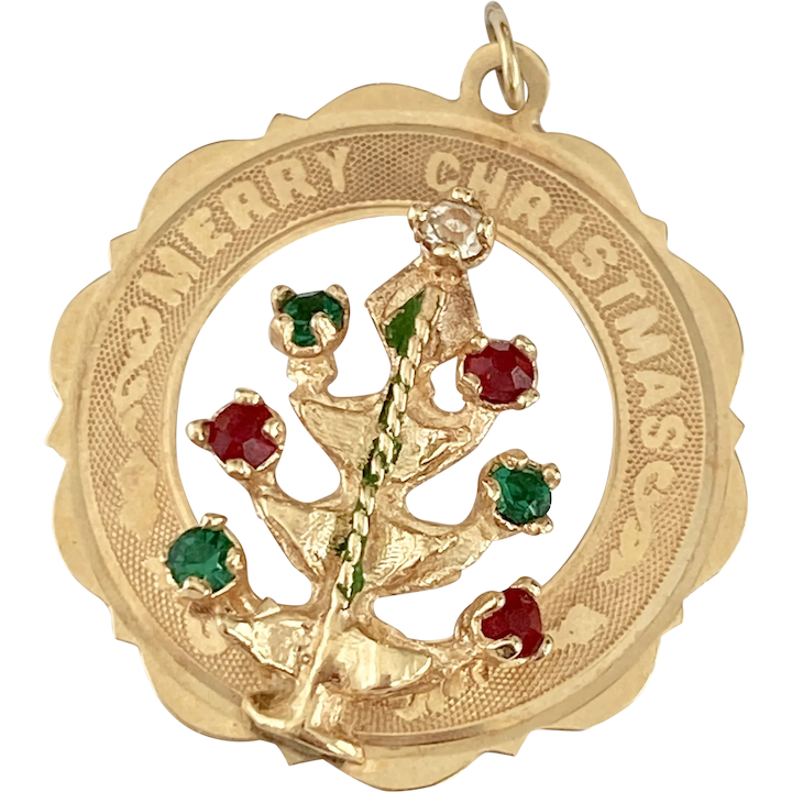 Jeweled Christmas Holiday Vintage Charm 14K Gold