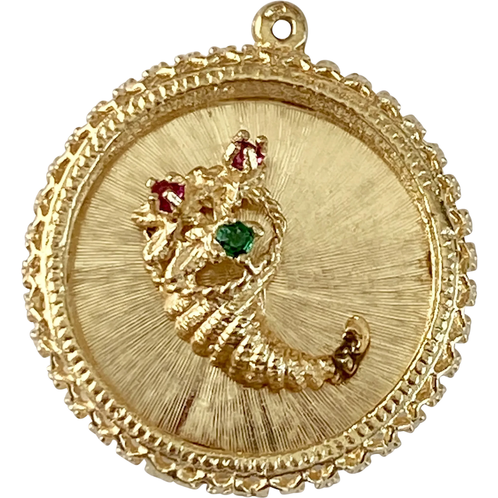 Jeweled Cornucopia Vintage Charm 14K Gold, Ruby & Emerald
