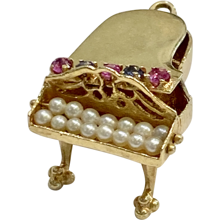 Jeweled Grand Piano Big Vintage Charm 14K Gold Sapphire, Ruby & Pearl