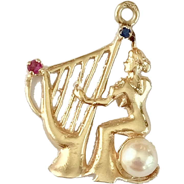 Jeweled Harpist / Harp Vintage Charm 14K Gold