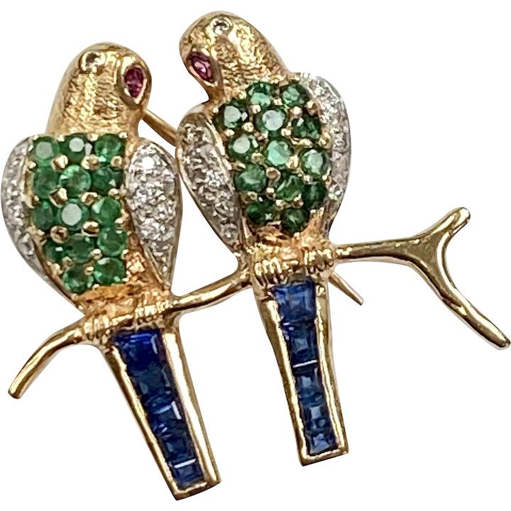 Jeweled Lovebird Brooch14K Gold Diamond Sapphire Ruby & Emerald