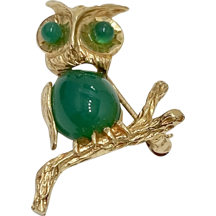 Jeweled OWL Vintage Brooch 14K Gold & Chrysoprase