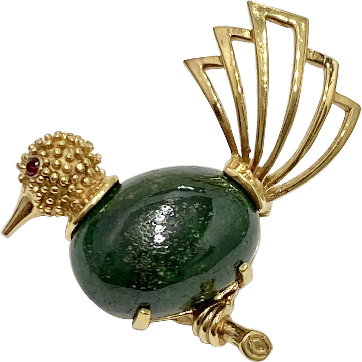 Jeweled Ornamental Bird Brooch / Pin 14K Gold