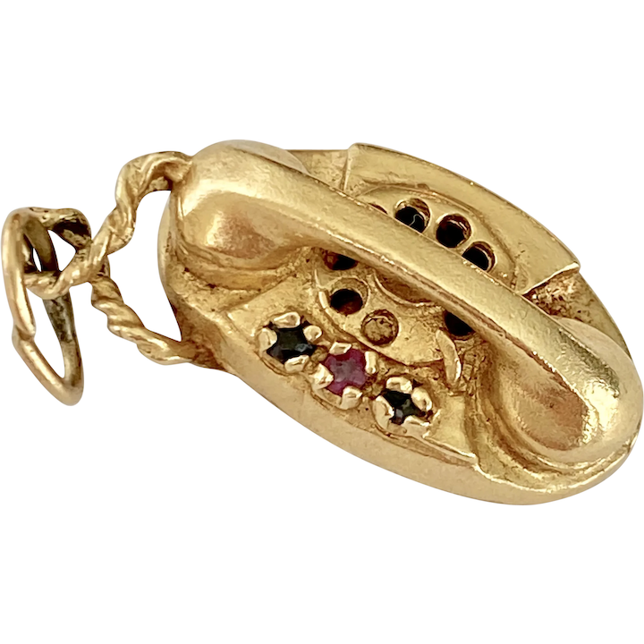 Jeweled Princess Telephone Vintage Charm 14K Gold Three-Dimensional