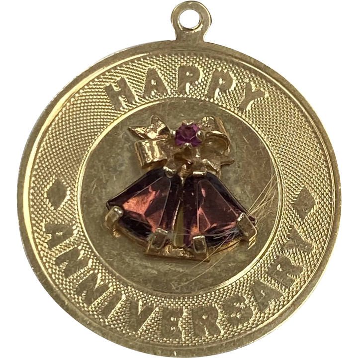 Jeweled Vintage Anniversary Charm 14K Gold Amethyst and Tourmaline