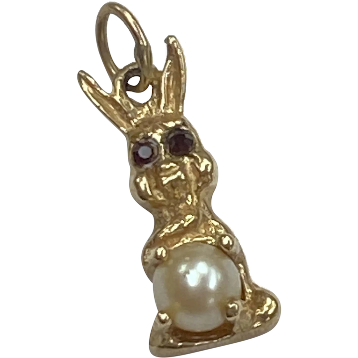 Jeweled Vintage Bunny Rabbit Charm 14K Gold