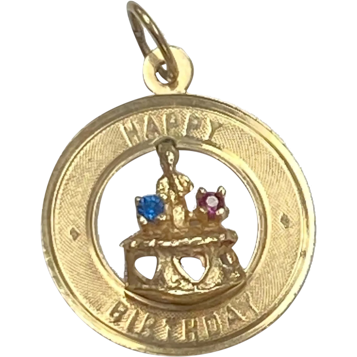 Jeweled Vintage Happy Birthday Charm 14K Gold