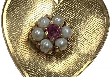 Jeweled Vintage Heart Charm 14K Gold Ruby and Cultured Pearl