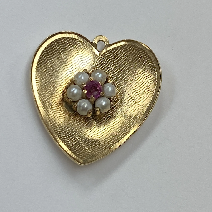 Jeweled Vintage Heart Charm 14K Gold Ruby and Cultured Pearl