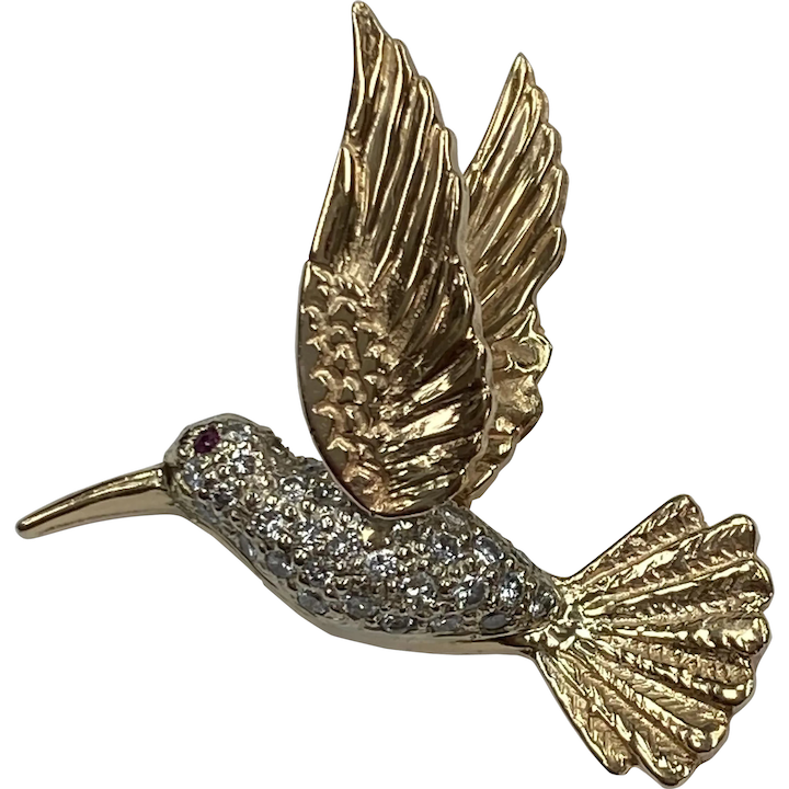 Jeweled Vintage Hummingbird Vintage Slide Pendant 14K Gold Diamond & Ruby