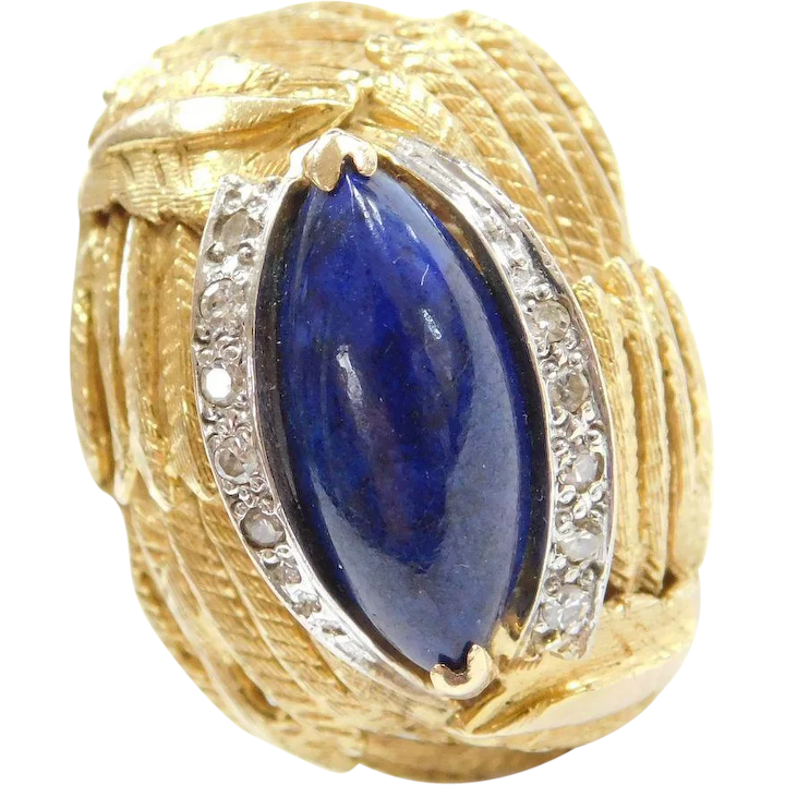 Lapis Lazuli & Diamond Statement Vintage Ring 14K Gold