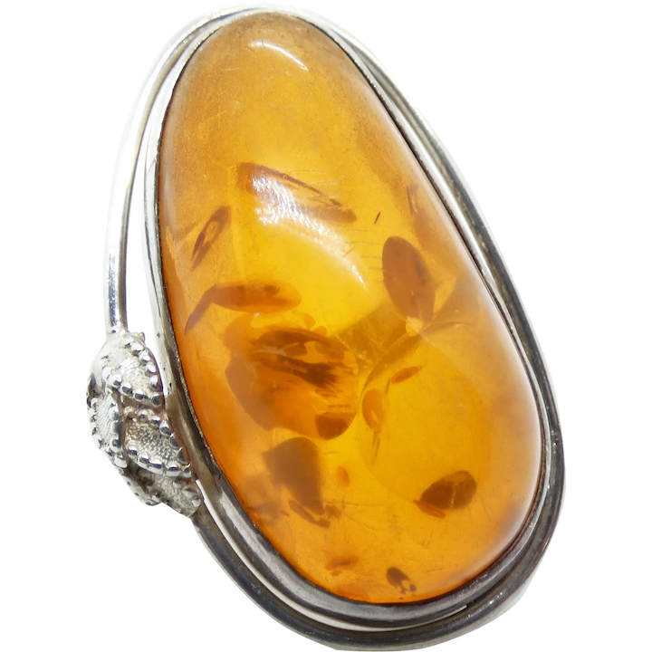 Large Amber Sterling Silver Ring