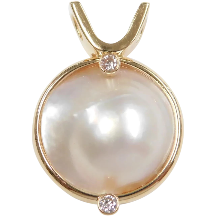 Large Mabe Pearl and Diamond .12 ctw Pendant 14k Gold