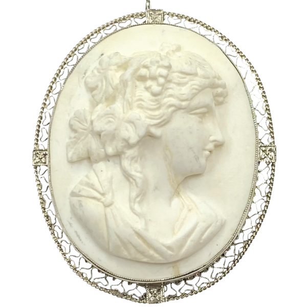 Lava Rock Cameo Pendant Brooch 14K White Gold Filigree