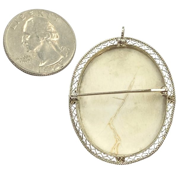 Lava Rock Cameo Pendant Brooch 14K White Gold Filigree back