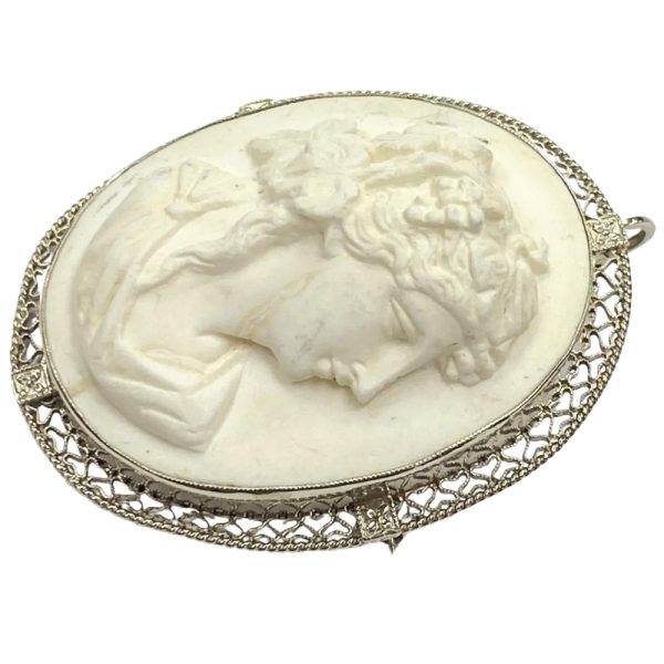 Lava Rock Cameo Pendant Brooch 14K White Gold Filigree side