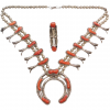 Leon Kirlie Navajo Native American Red Coral Squash Blossom Necklace and Ring Set 26 1/2