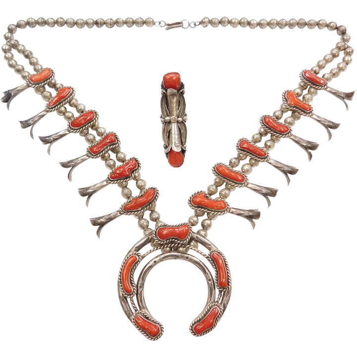 Leon Kirlie Navajo Native American Red Coral Squash Blossom Necklace and Ring Set 26 1/2″ Sterling Silver