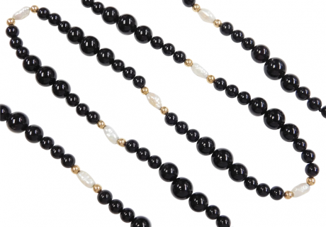 Long Black Onyx and Freshwater Pearl Graduated Bead Necklace 14k Gold
