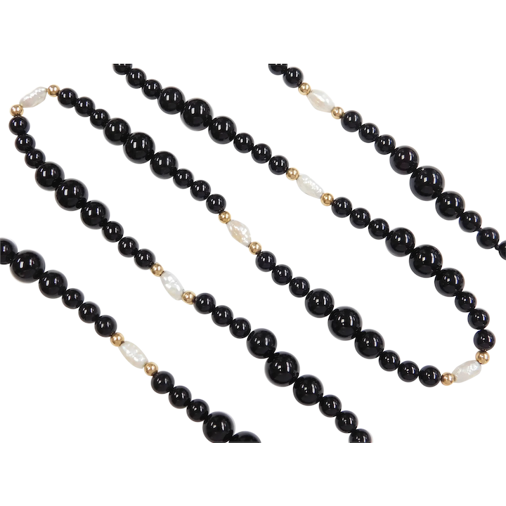 Long Black Onyx and Freshwater Pearl Graduated Bead Necklace 14k Gold