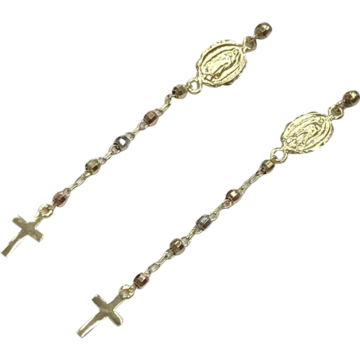 Long Dangle Faith Earrings 10K Tri-Color Gold Immaculate and Cross