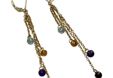 Long Dangle Tassel Earrings Multi Gemstone Briolette 14K Gold