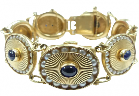 Lucien Piccard 4.80ctw Sapphire & Seed Pearl Hidden Watch Bracelet 14K Yellow Gold