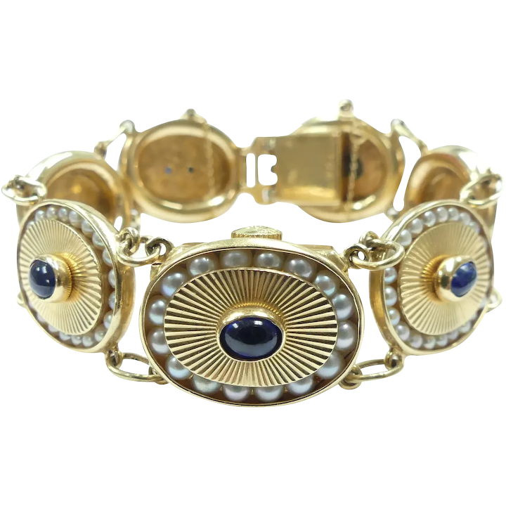 Lucien Piccard 4.80ctw Sapphire & Seed Pearl Hidden Watch Bracelet 14K Yellow Gold